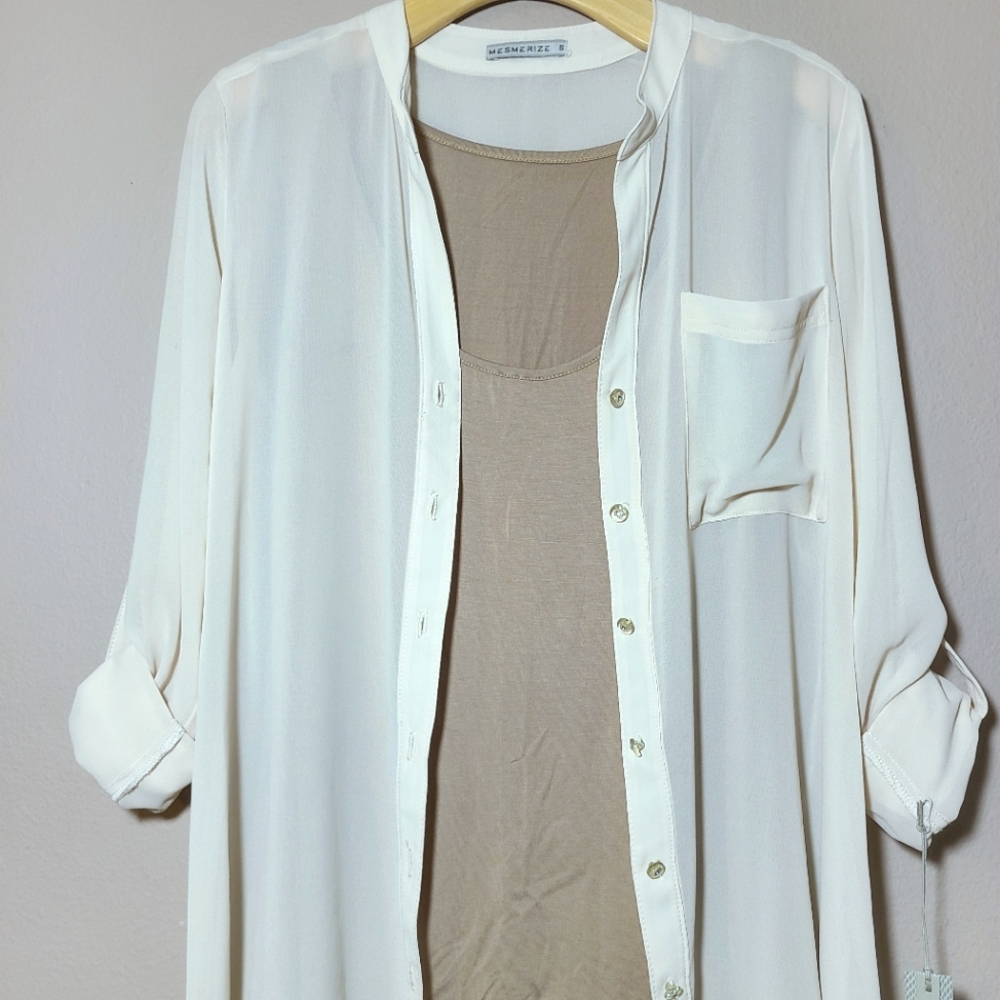 NWT Mesmerize Cream Sheer Buttom Down Blouse with Attached Tank Top - Picture 3 of 8